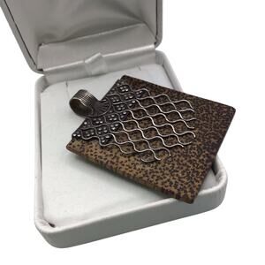 Vintage Square Pendant Silver Scroll Accent Animal Print Design Charm